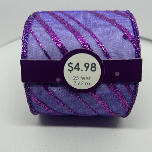 New 2.5" x 25' Wired Ribbon Sheer Lavender Purple W/ Fuchsia Pink Glitter Stripe - Picture 2 of 3